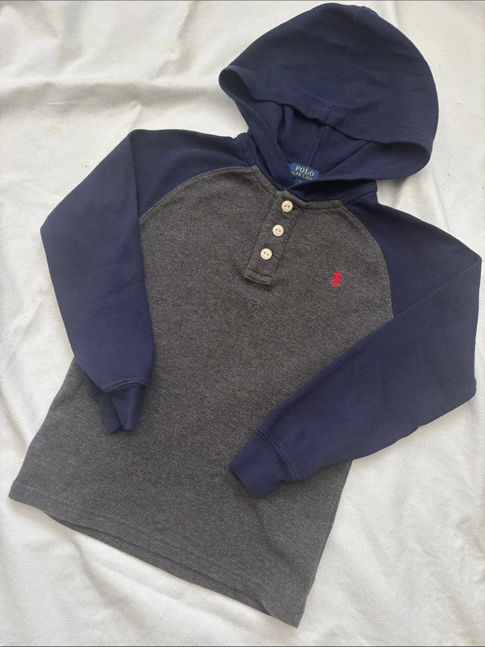 POLO Ralph Lauren Charcoal Body Navy Raglan Henley with Red Logo (Boys Size 7)